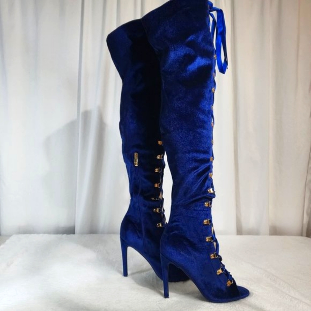 * Cape Robbin Navy Blue Satin Lace Up High Heel Thigh Boots - Picture 9 of 11